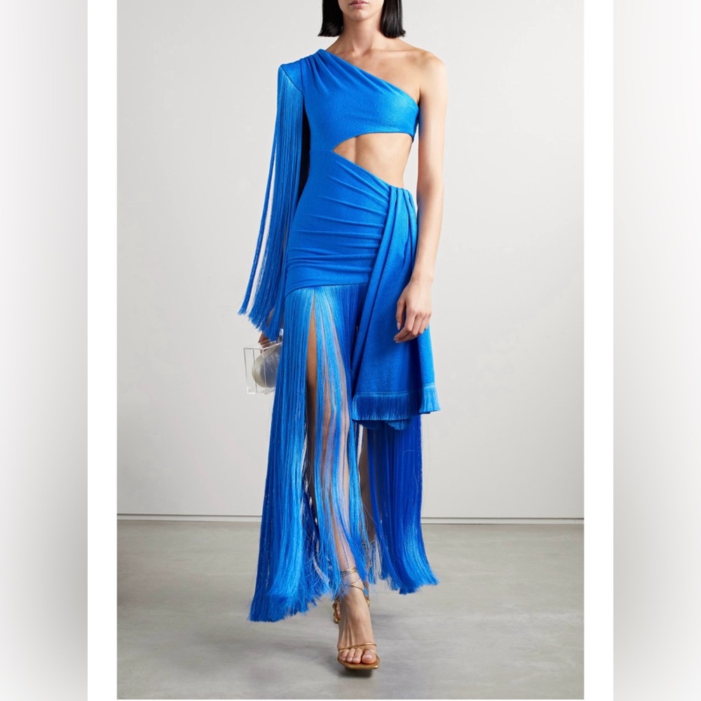 PatBO Electric Blue One-Shoulder Fringe Maxi Dress
